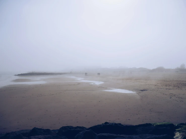 some people walking along a sandy beach in the fog