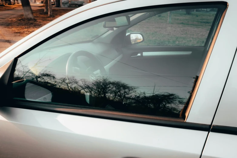 the reflection of trees on the windshield of a car