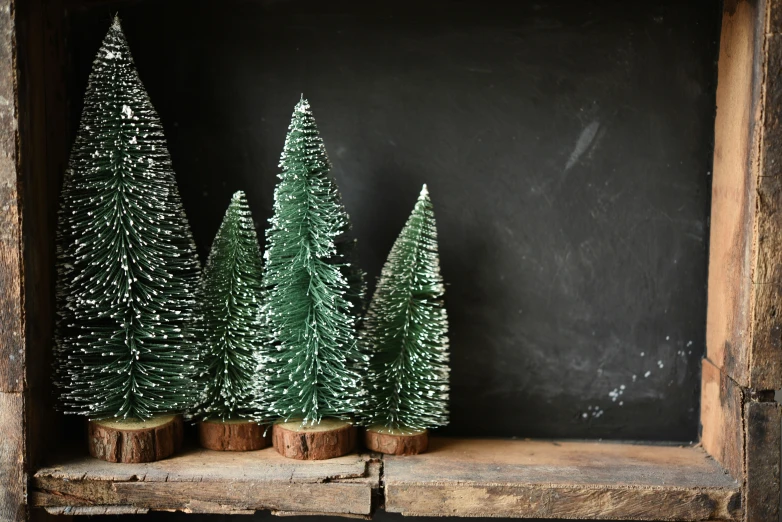 four miniature christmas trees placed on top of a wooden shelf