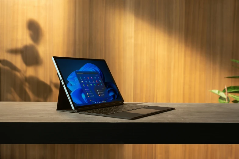 an open laptop sits on a desk beside a potted plant