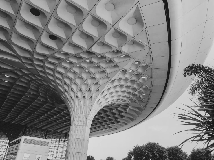 black and white pograph of a unique design for an exterior building