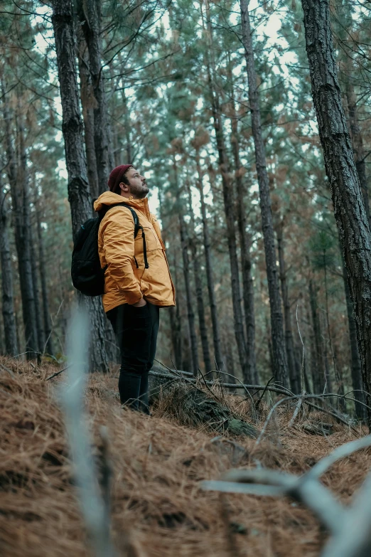 a man wearing a yellow jacket is in the woods