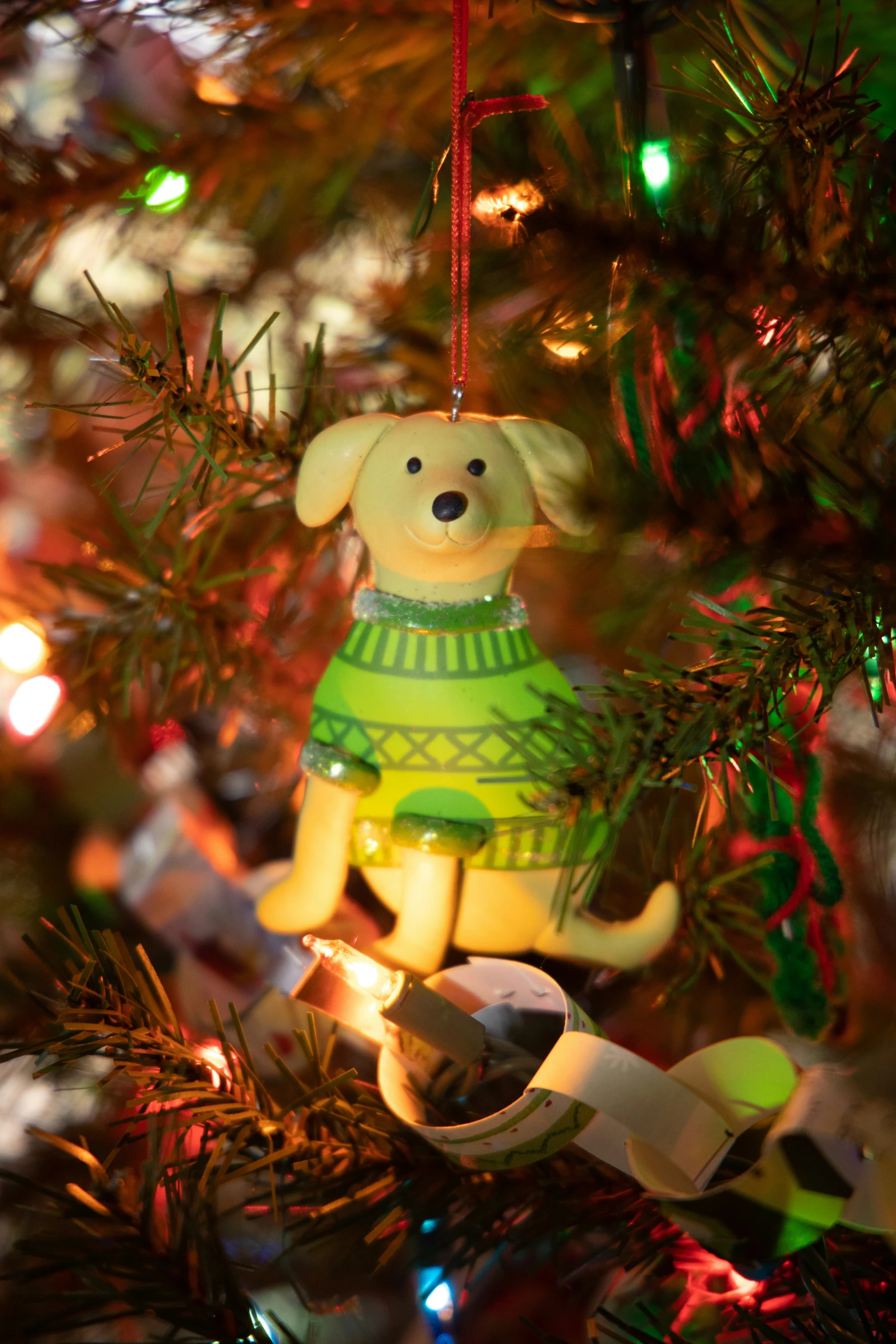 a small yellow dog in a green shirt hanging on a tree