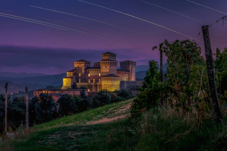 an old castle sits in a grassy field at night