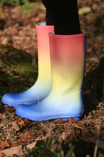 a person is standing in the leaves and has a pink and blue rubber boot