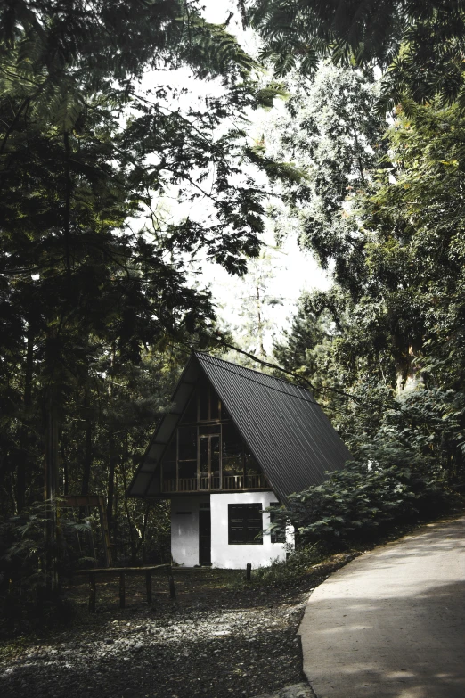 a wooden cabin with large trees in the background