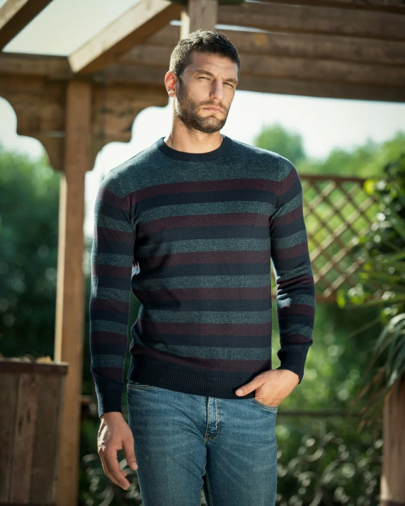 man wearing a dark striped sweater stands in front of an arbor with a bushy background