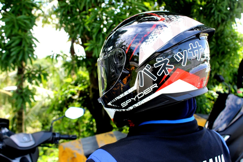 a person wearing a helmet and some trees