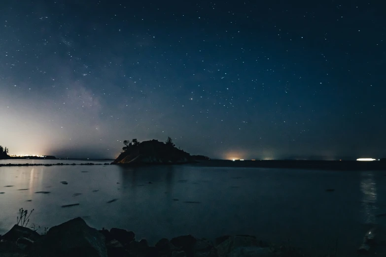 stars above a lake and some trees at night