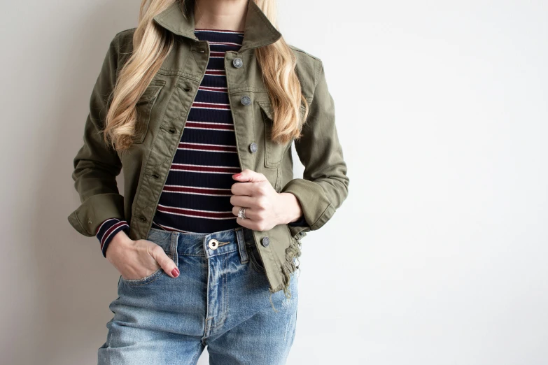 a young woman in a striped top, jacket and jeans