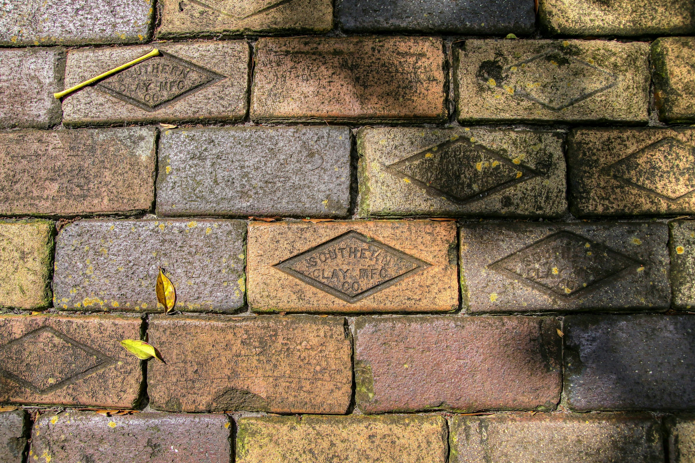 the stone sidewalk has different colored bricks on it