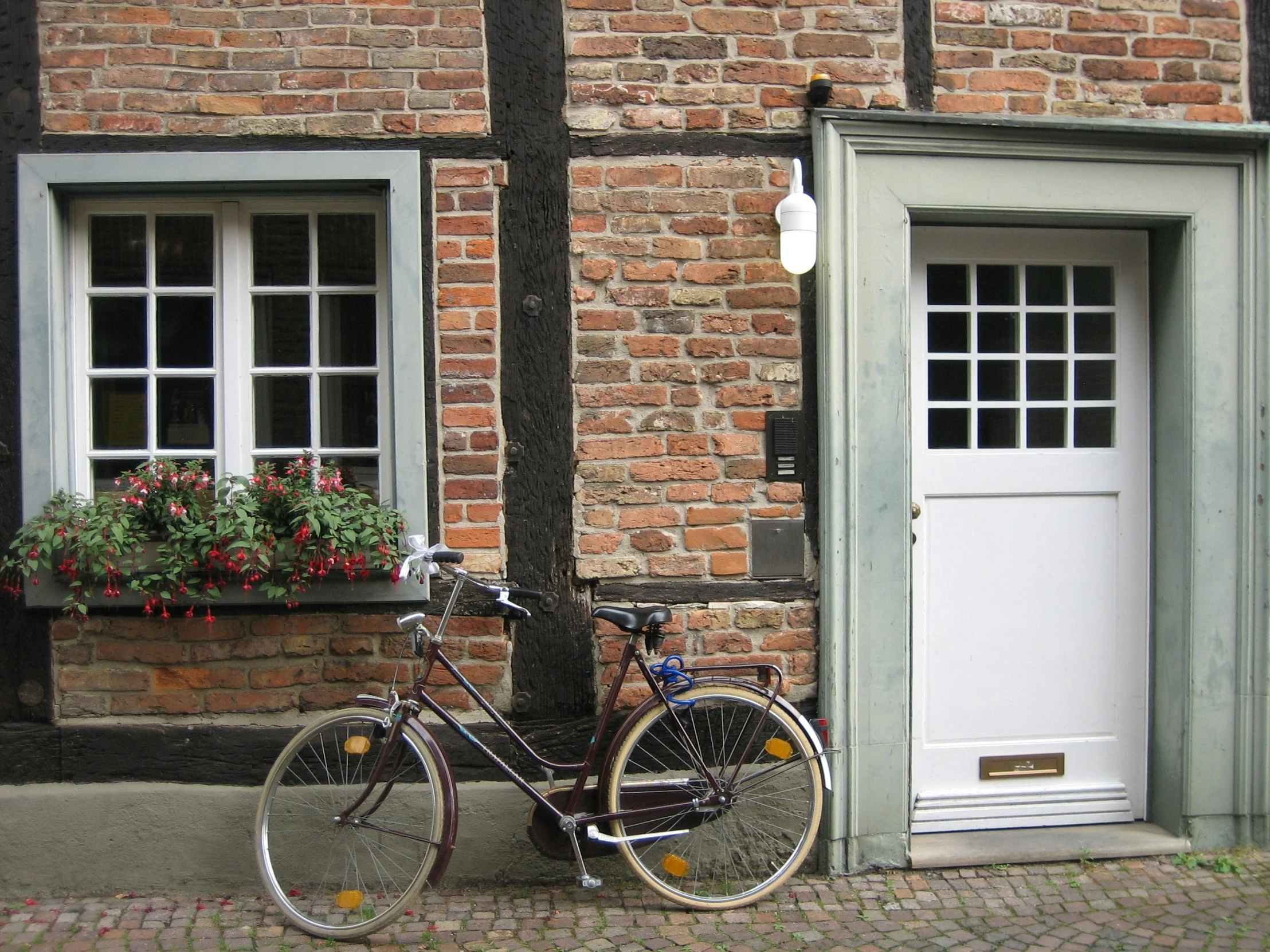 a bicycle sitting outside of a door to a building