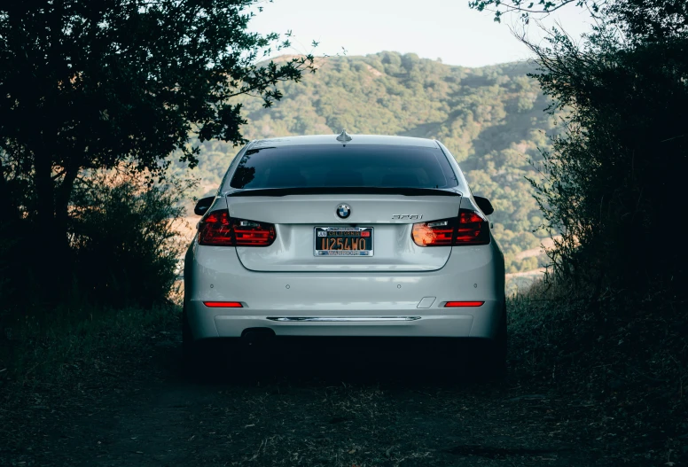 the back of the car is shown, with trees and hills in the distance