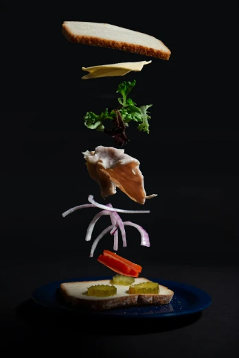 a piece of food being lifted in the air by some fingers