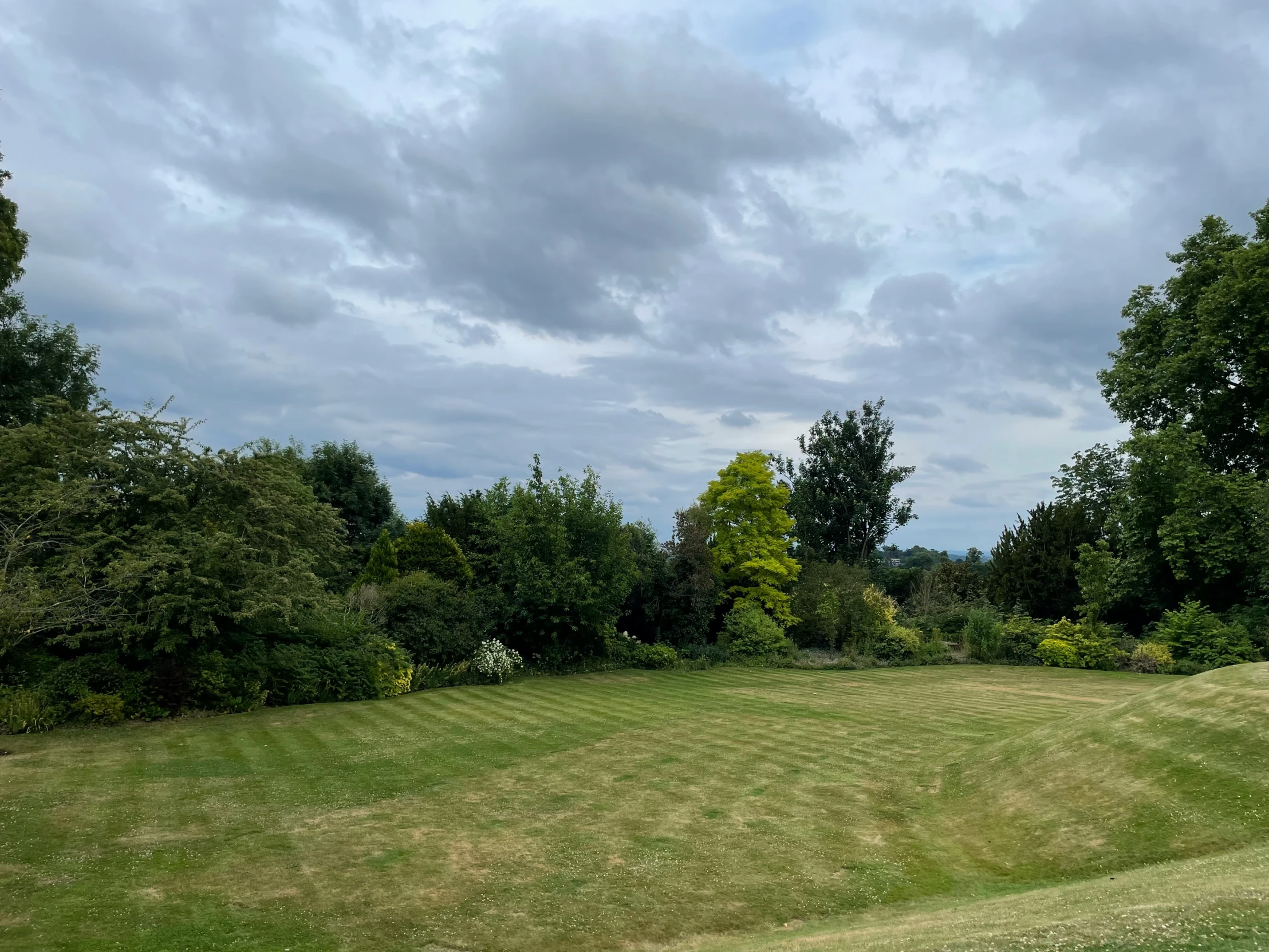 a wide green lawn with trees and bushes around it