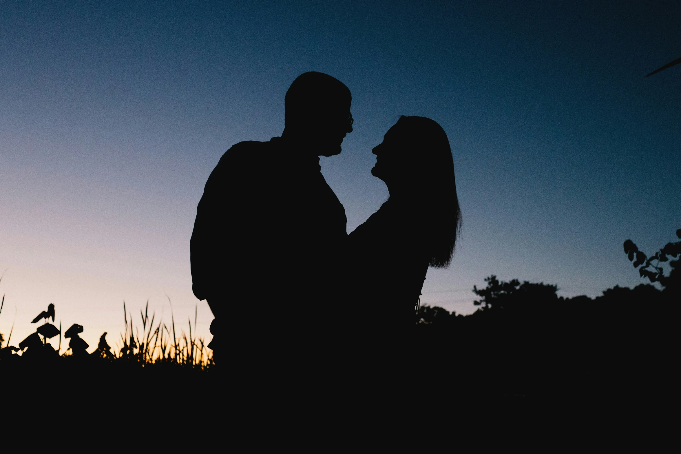 a couple silhouetted against a sunset sky holding hands