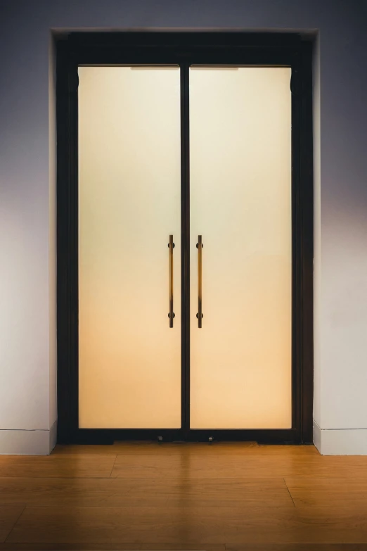 a pair of double doors are illuminated in bright lighting