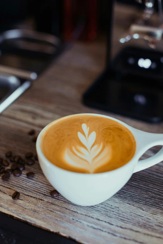 a mug of latte with an intricate pattern in it on a kitchen counter