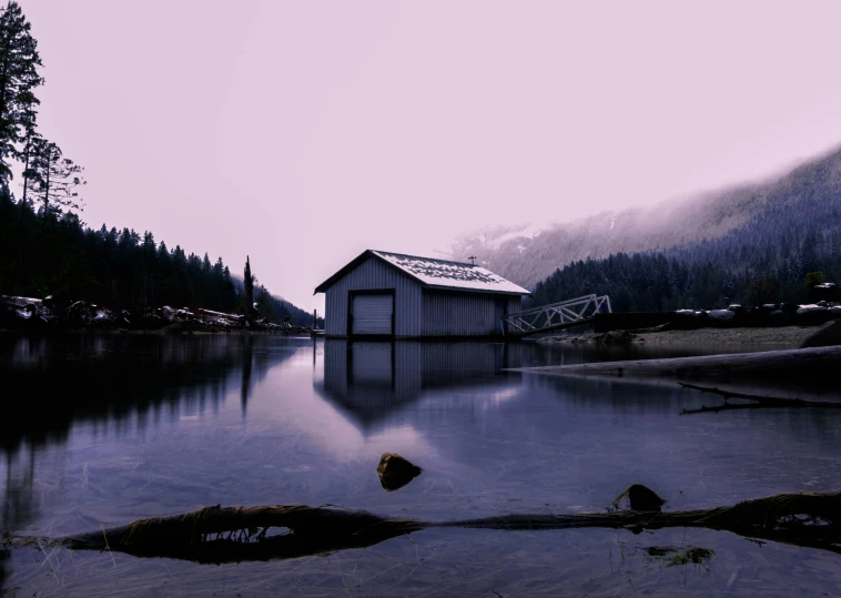 a small cabin is in the water next to some trees