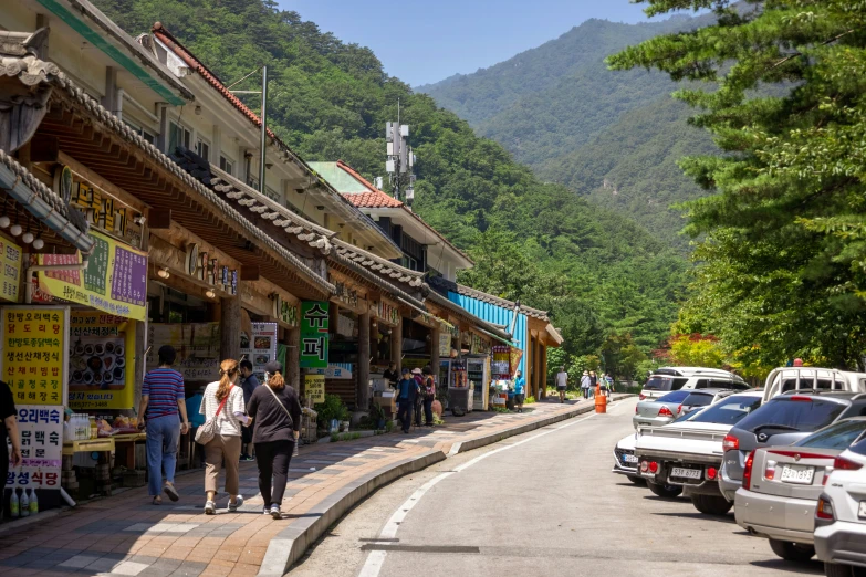 there are cars parked next to shops on the mountain