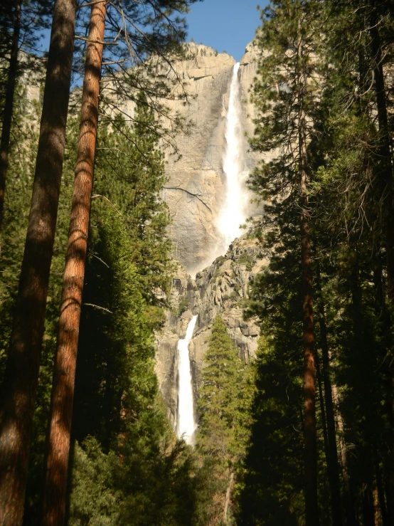 a waterfall cascades into the distance in a wooded area