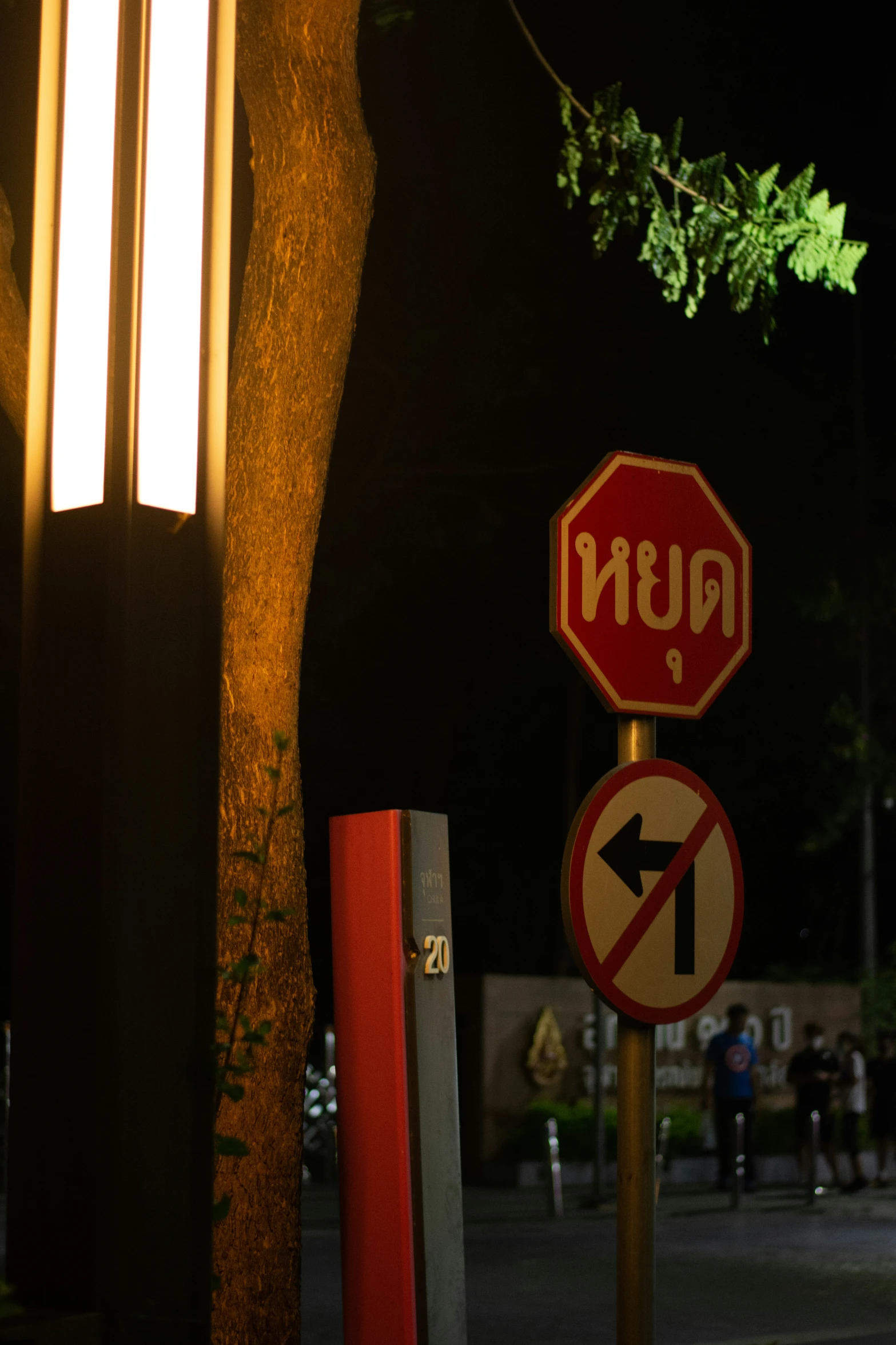 street signs near stop sign at night time