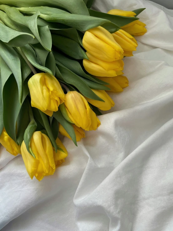 yellow flowers on a white cloth are on the table