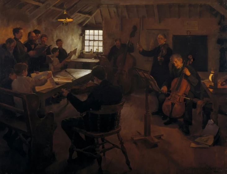 a painting of a music room with orchestra instruments