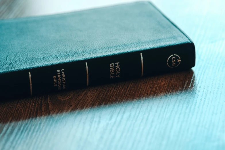 this is a picture of a blue book sitting on a wooden table