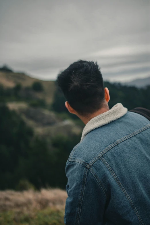 a man in blue jeans looks out over the countryside