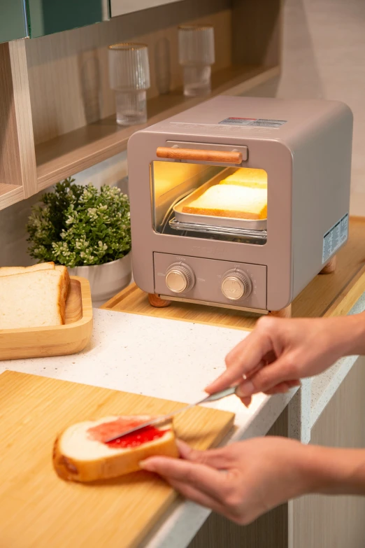 a person is using the toaster in a kitchen