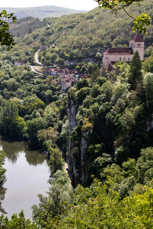 this is a scenic image taken from a tree covered cliff