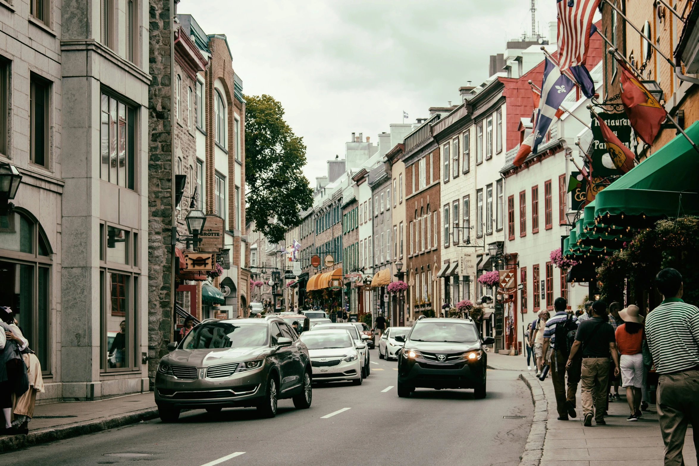 a group of people on street next to cars