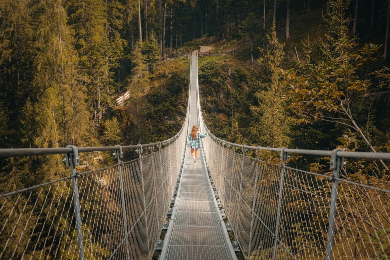 a suspension bridge in the woods leading to some mountains