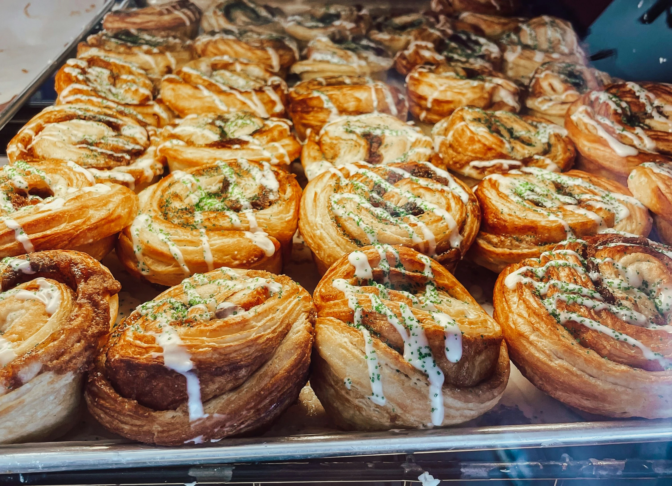 baked goods arranged for sale in a bakery