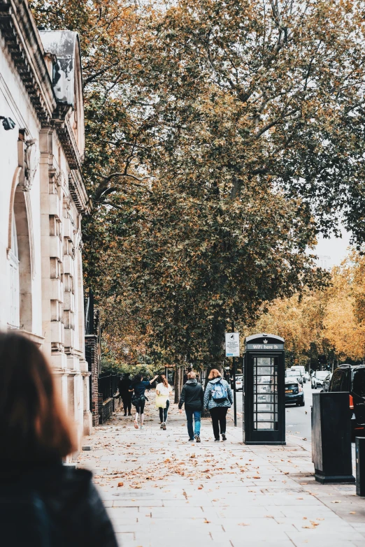 people walking down a sidewalk in a city with autumn leaves