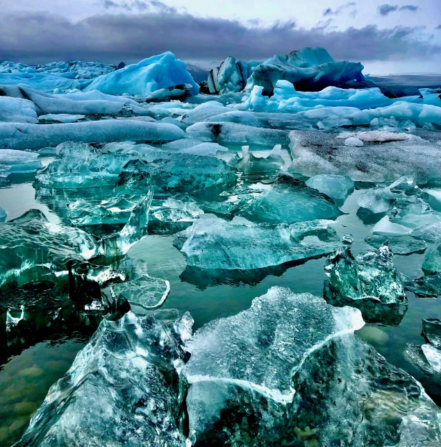 large icebergs floating along an icy river near a mountainous area