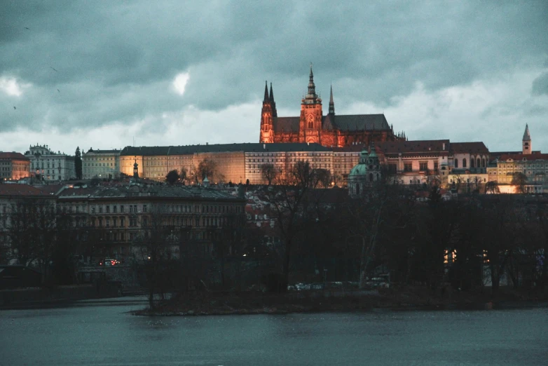 a city is pictured on a dark day