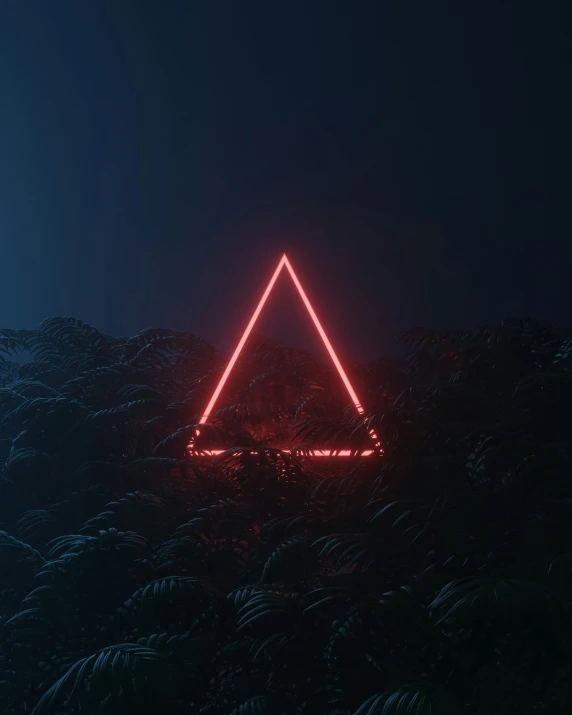a triangle shaped neon sign is shown with a dark background