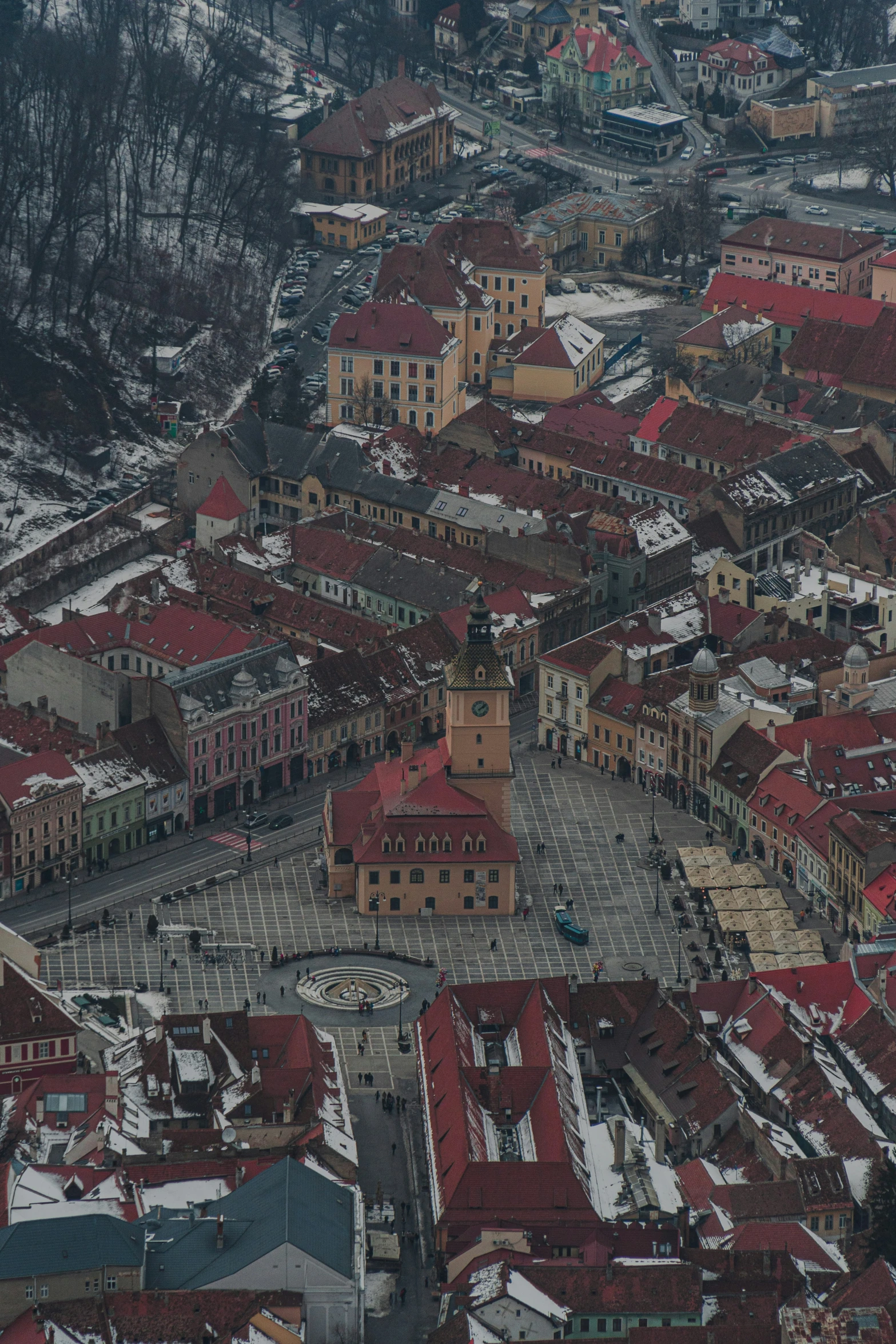 a snow covered village from the sky