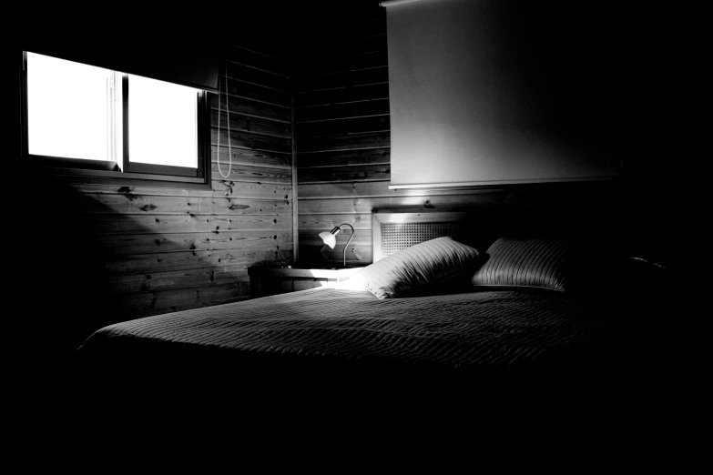 dark bedroom, bed with pillow, and wooden paneled wall