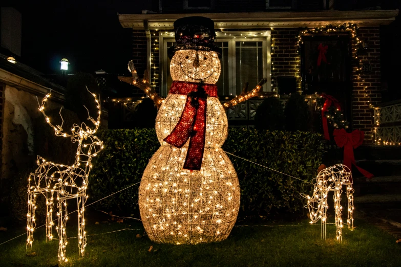 christmas lights decorated like a snowman and two reindeer