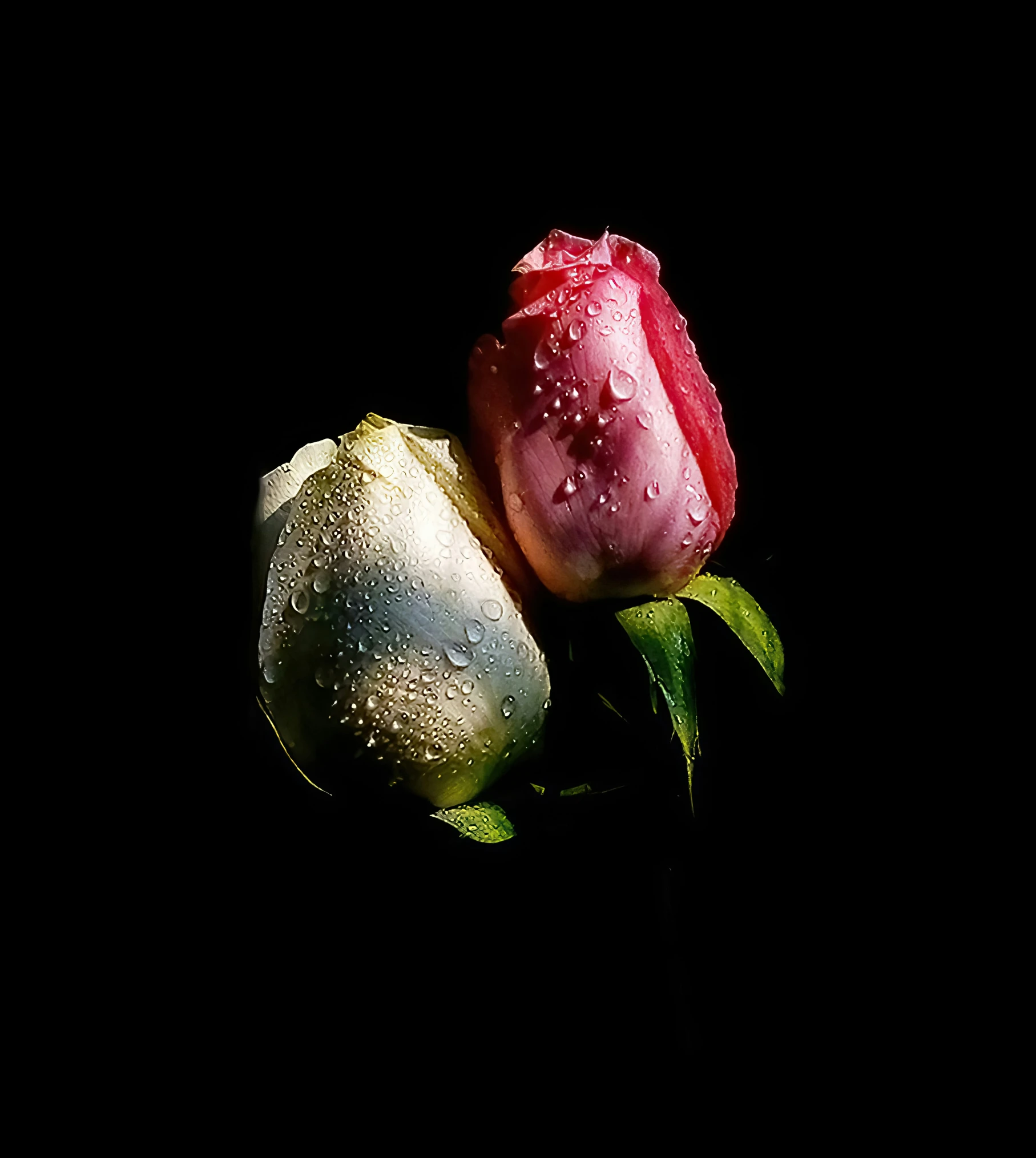 three rose budgies with water droplets sitting in the dark