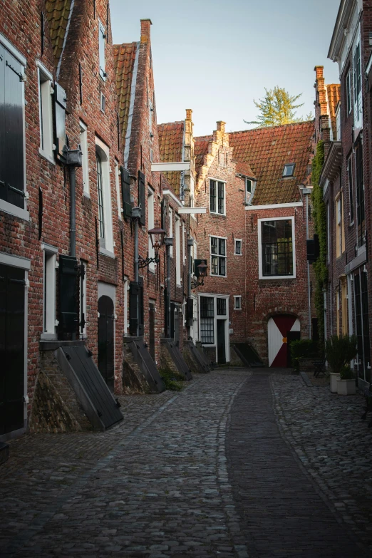 some brick buildings and a cobble stone street