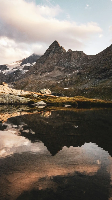 mountain reflections in the water in a sunny day