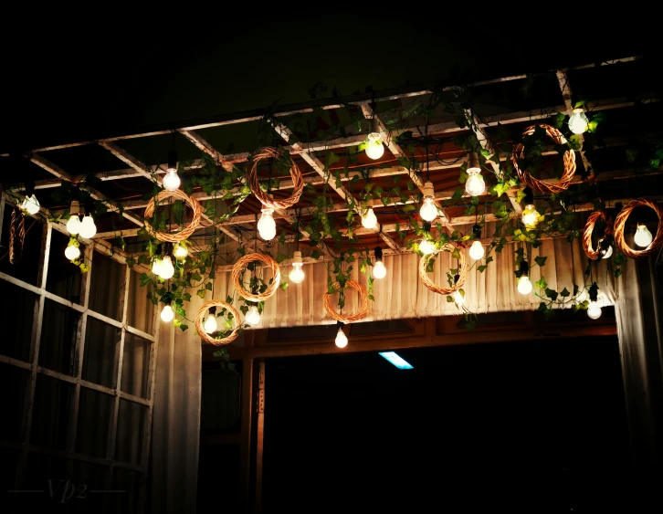 outdoor lighting made from flowers and hanging bulbs