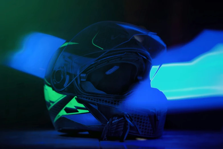 this is a neon helmet that was taken from a low angle