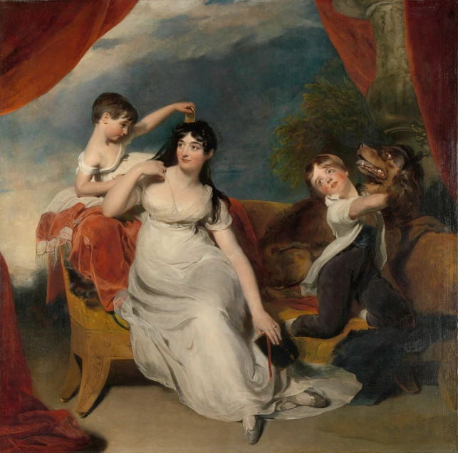 an old fashion oil painting of two women and a boy