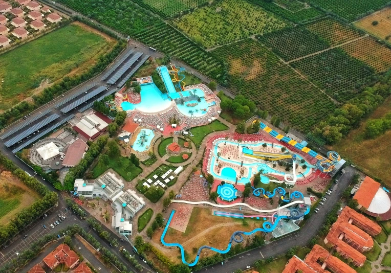 an aerial view of a roller coaster theme park