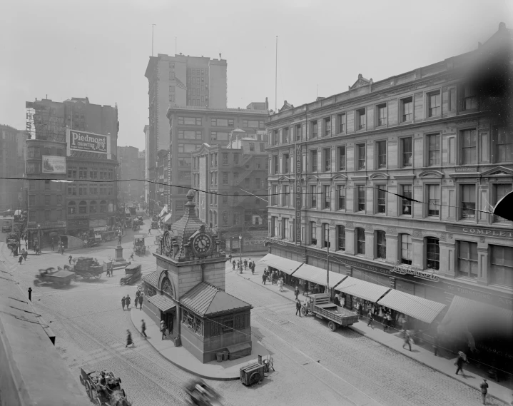 an old po of a busy street in a city